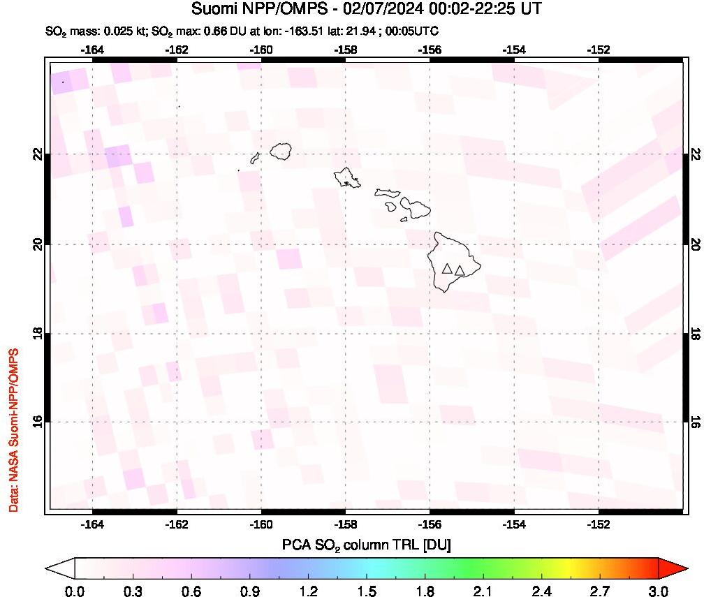 A sulfur dioxide image over Hawaii, USA on Feb 07, 2024.