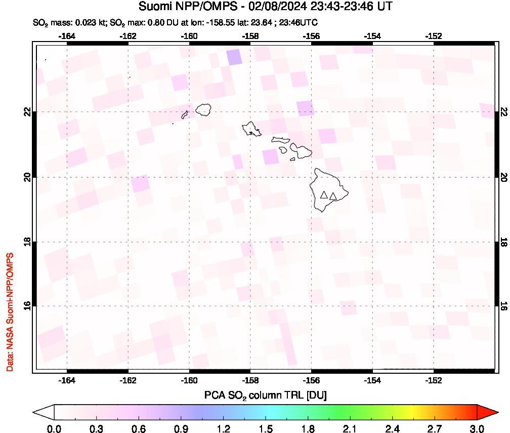 A sulfur dioxide image over Hawaii, USA on Feb 08, 2024.