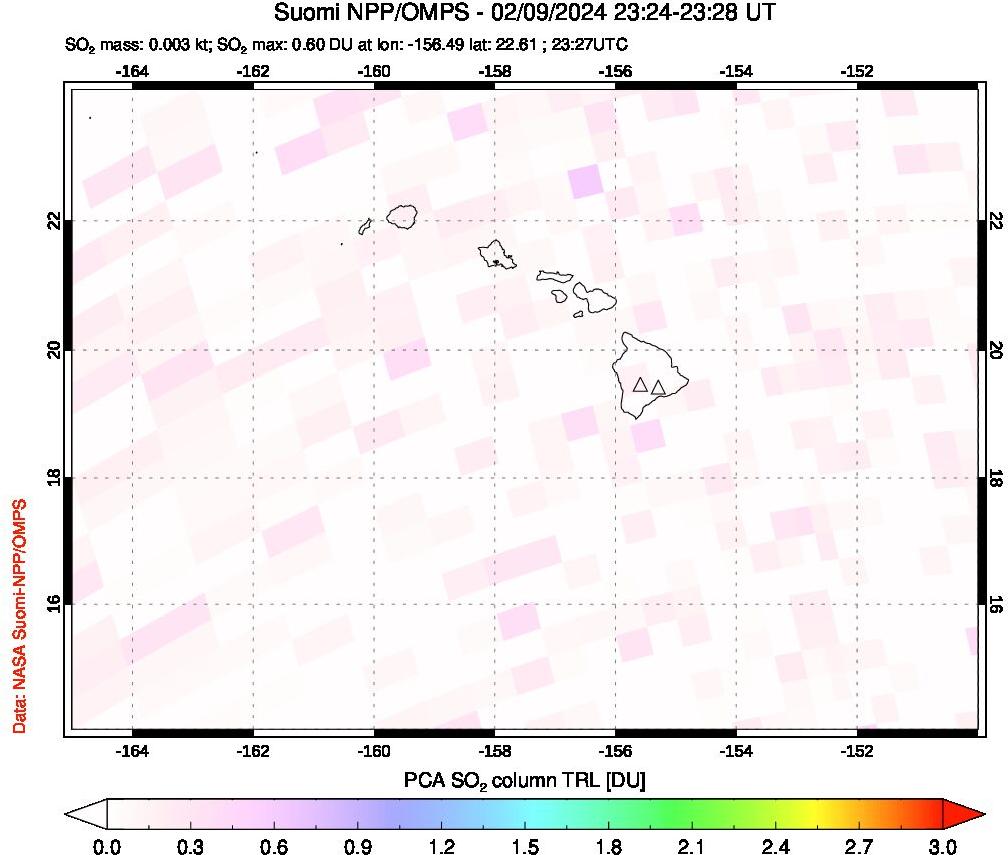 A sulfur dioxide image over Hawaii, USA on Feb 09, 2024.