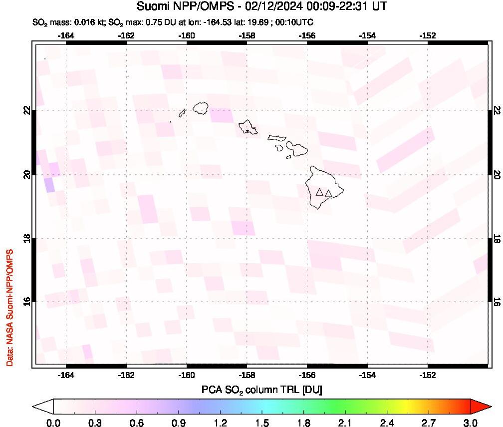 A sulfur dioxide image over Hawaii, USA on Feb 12, 2024.