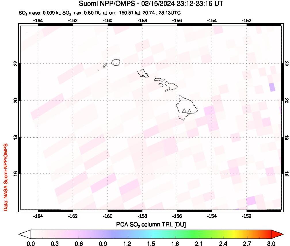 A sulfur dioxide image over Hawaii, USA on Feb 15, 2024.