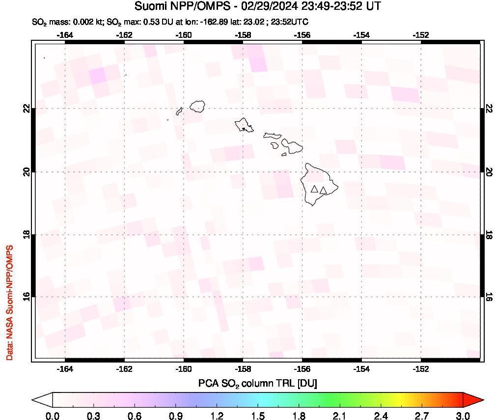 A sulfur dioxide image over Hawaii, USA on Feb 29, 2024.