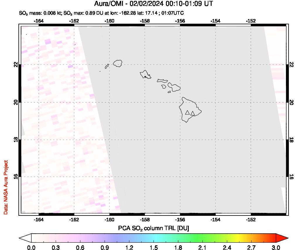 A sulfur dioxide image over Hawaii, USA on Feb 02, 2024.