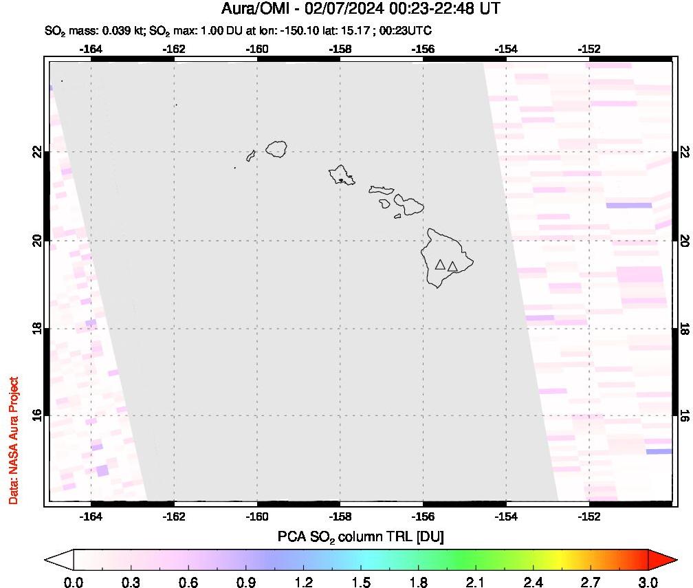 A sulfur dioxide image over Hawaii, USA on Feb 07, 2024.