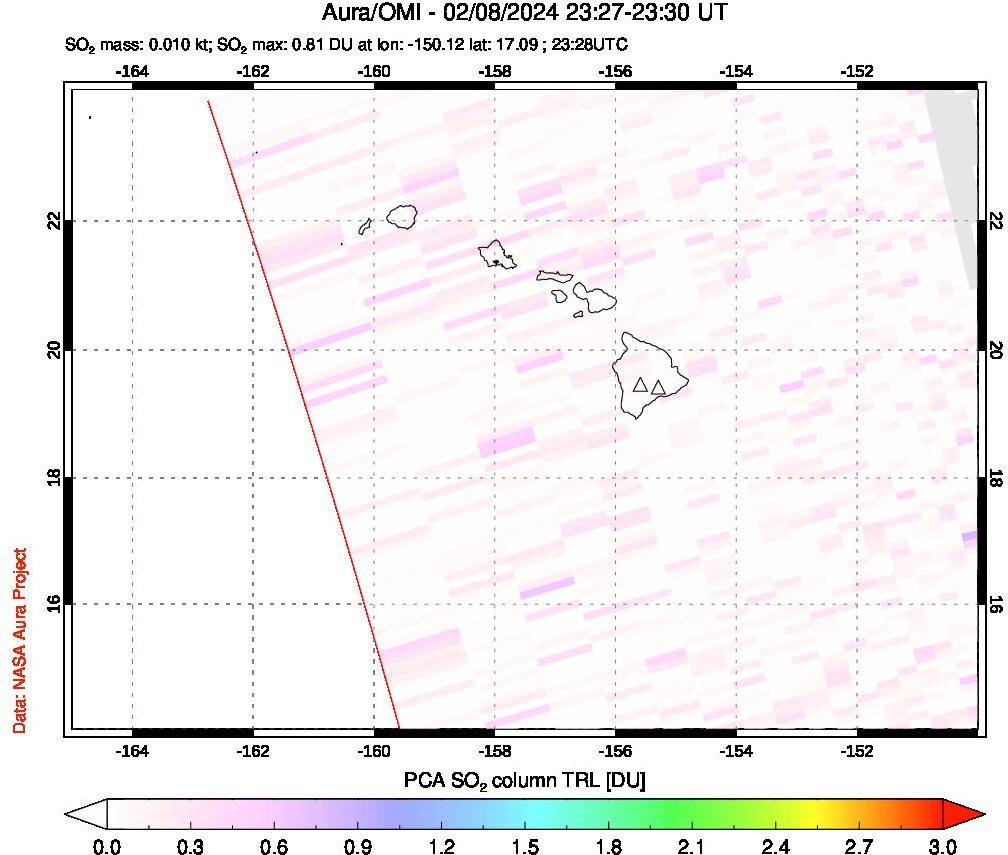 A sulfur dioxide image over Hawaii, USA on Feb 08, 2024.