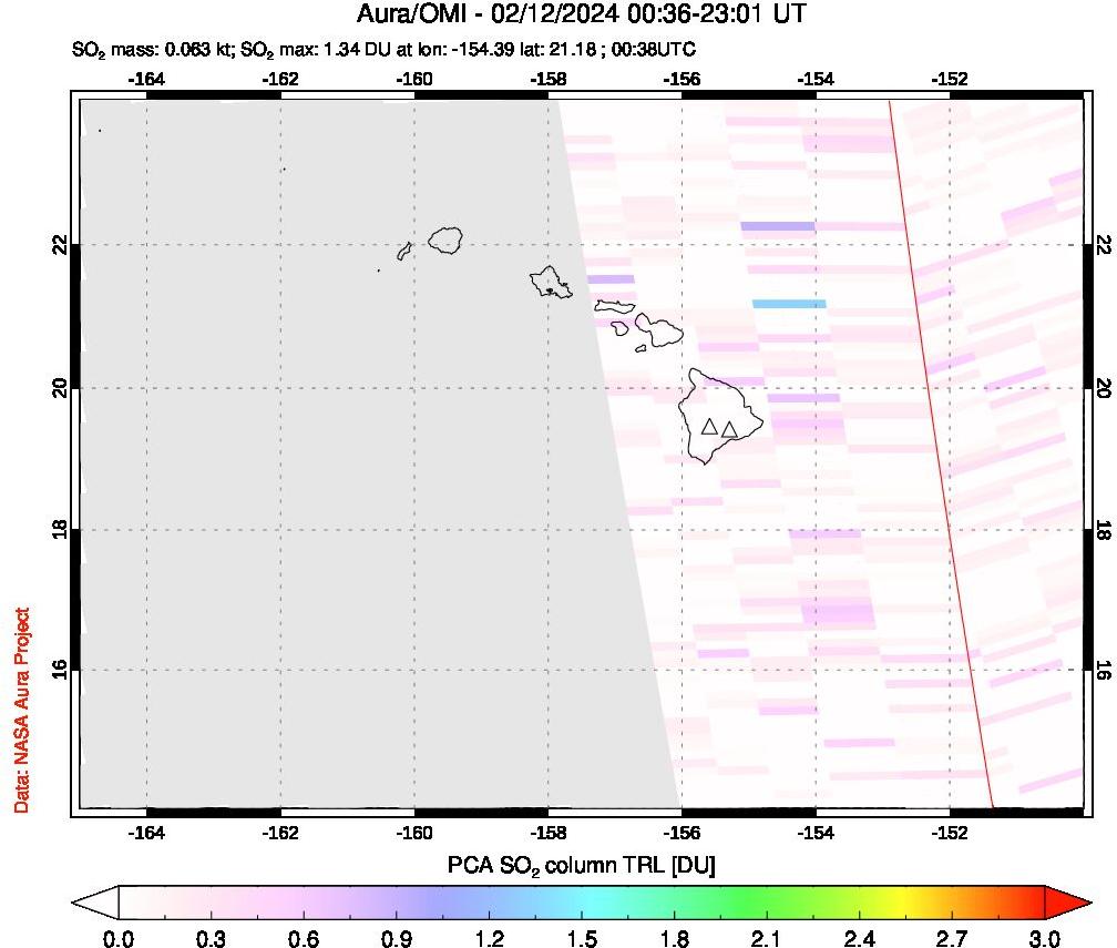 A sulfur dioxide image over Hawaii, USA on Feb 12, 2024.