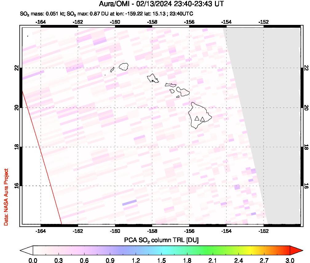 A sulfur dioxide image over Hawaii, USA on Feb 13, 2024.
