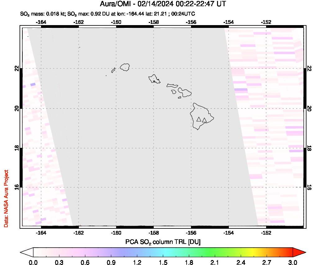 A sulfur dioxide image over Hawaii, USA on Feb 14, 2024.