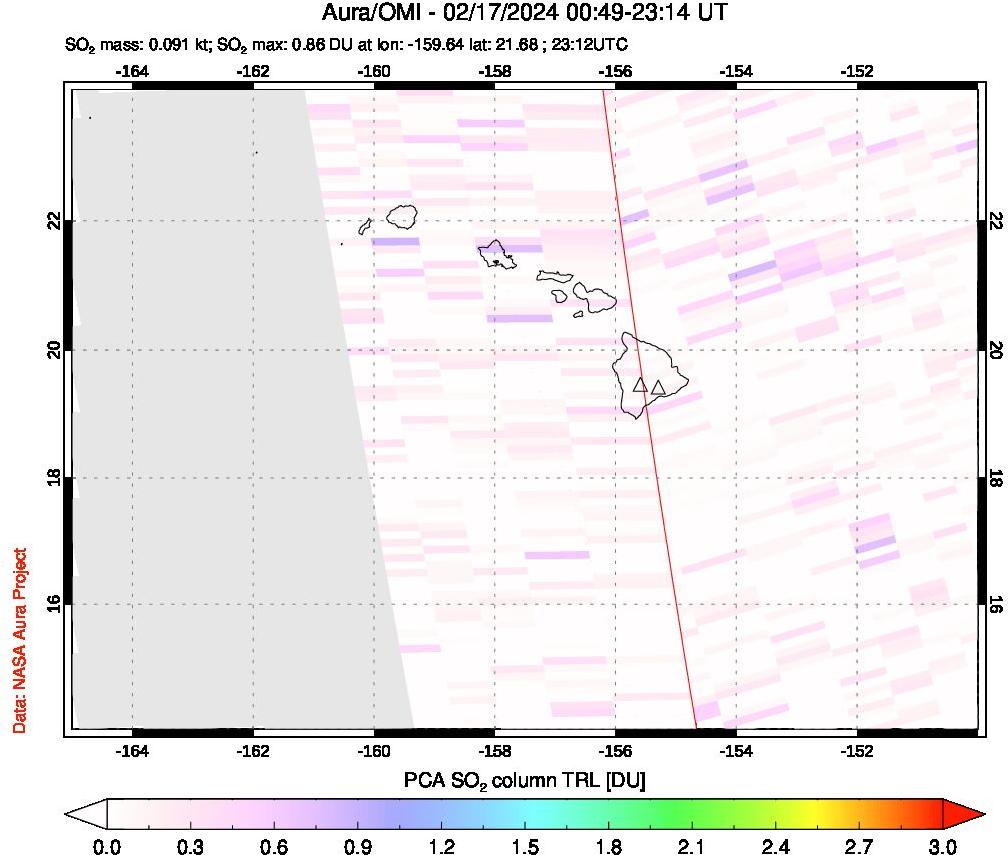 A sulfur dioxide image over Hawaii, USA on Feb 17, 2024.