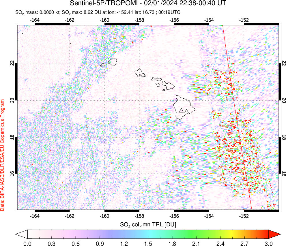 A sulfur dioxide image over Hawaii, USA on Feb 01, 2024.