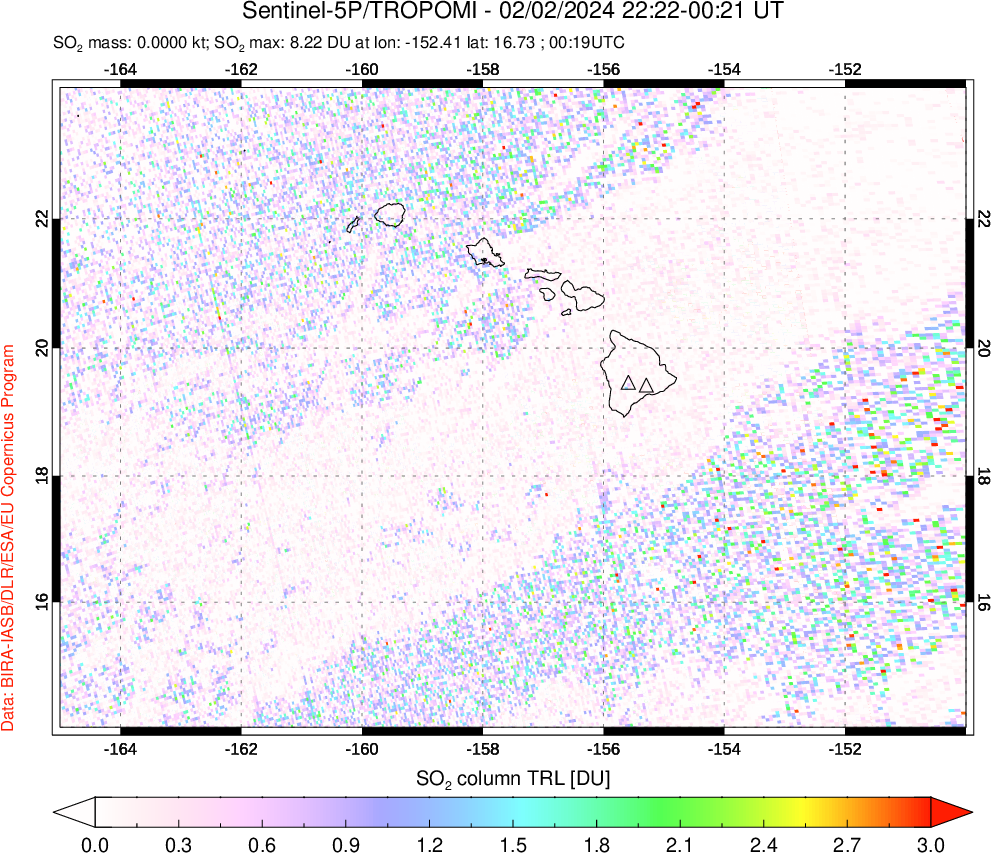 A sulfur dioxide image over Hawaii, USA on Feb 02, 2024.