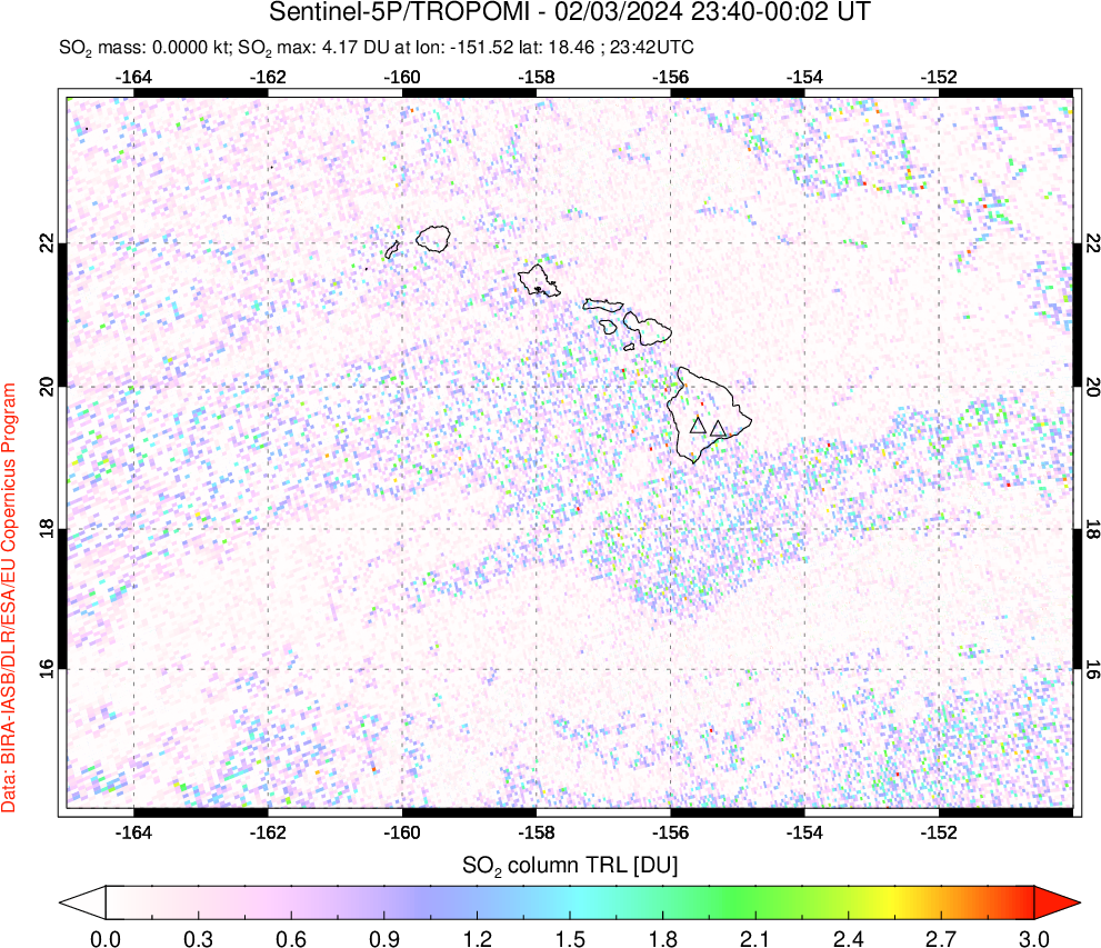 A sulfur dioxide image over Hawaii, USA on Feb 03, 2024.