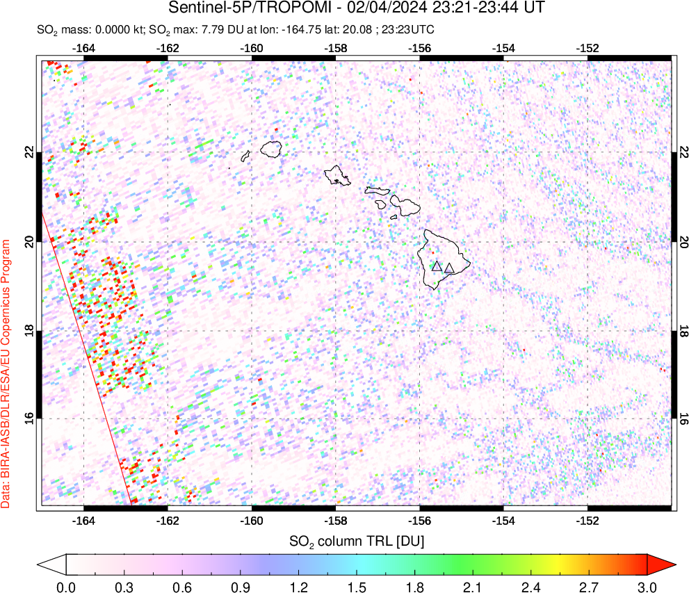 A sulfur dioxide image over Hawaii, USA on Feb 04, 2024.