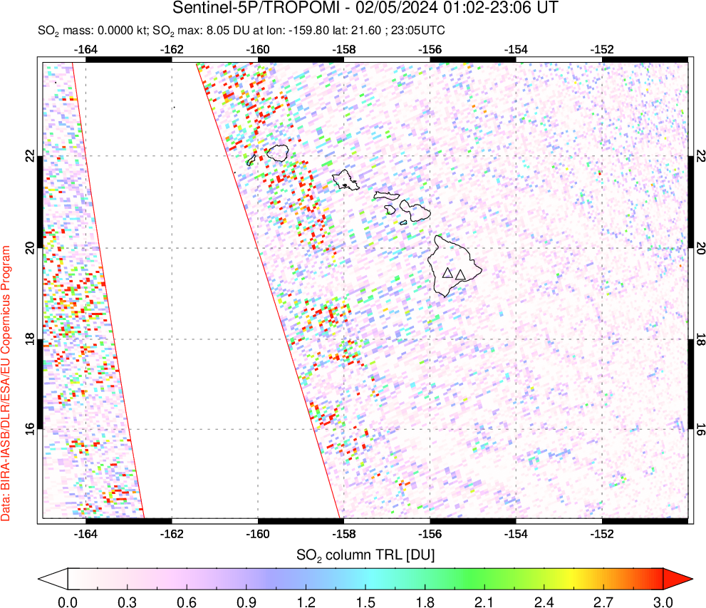 A sulfur dioxide image over Hawaii, USA on Feb 05, 2024.