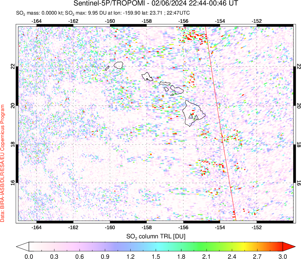 A sulfur dioxide image over Hawaii, USA on Feb 06, 2024.