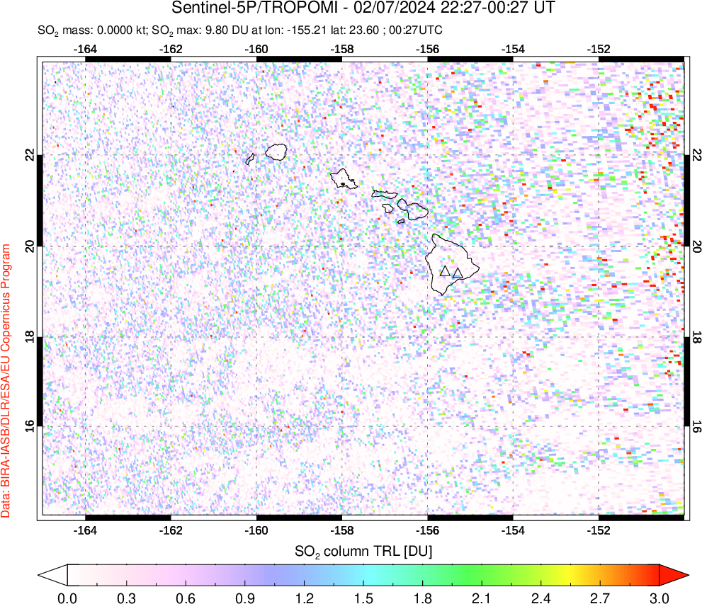 A sulfur dioxide image over Hawaii, USA on Feb 07, 2024.