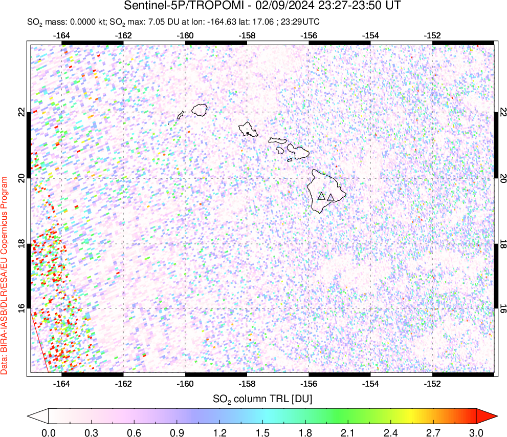 A sulfur dioxide image over Hawaii, USA on Feb 09, 2024.