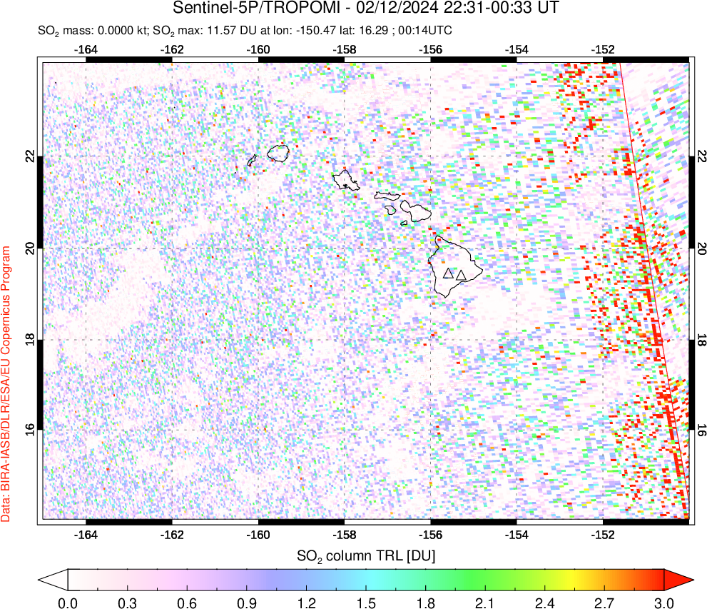 A sulfur dioxide image over Hawaii, USA on Feb 12, 2024.