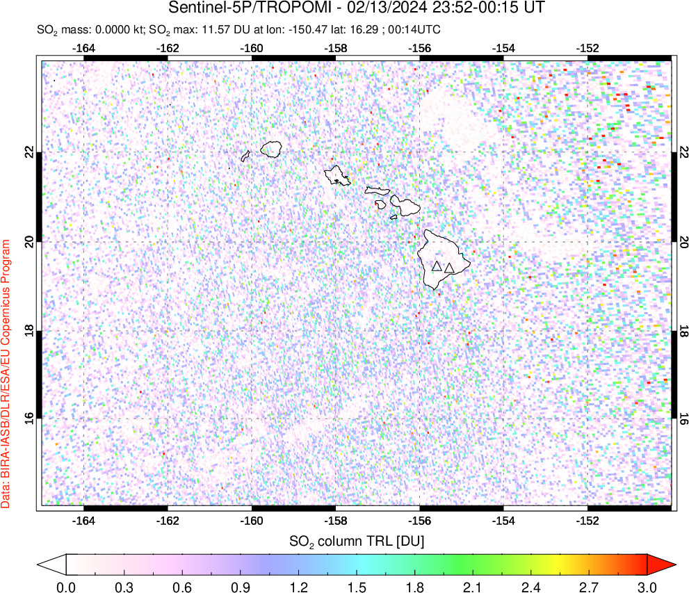 A sulfur dioxide image over Hawaii, USA on Feb 13, 2024.