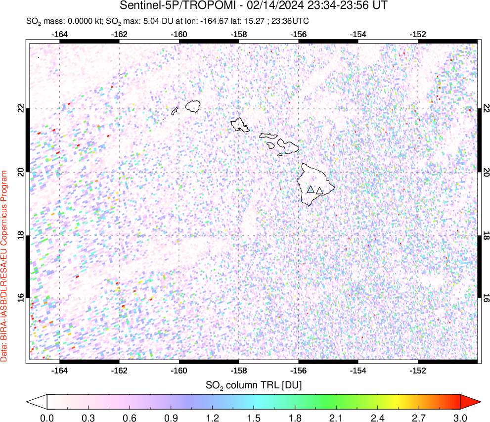 A sulfur dioxide image over Hawaii, USA on Feb 14, 2024.