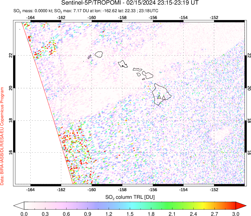 A sulfur dioxide image over Hawaii, USA on Feb 15, 2024.