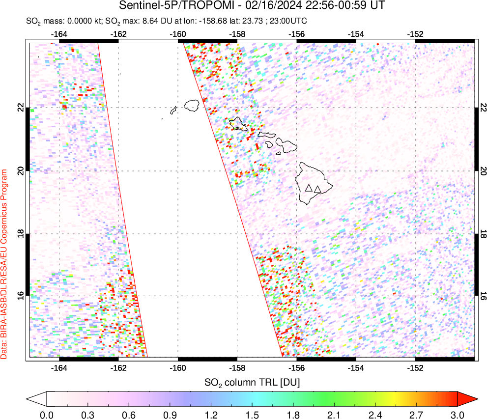 A sulfur dioxide image over Hawaii, USA on Feb 16, 2024.