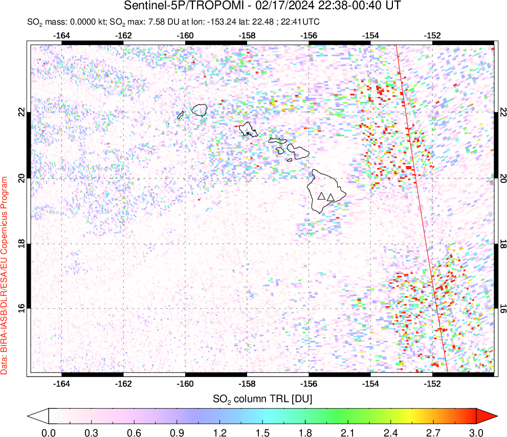 A sulfur dioxide image over Hawaii, USA on Feb 17, 2024.