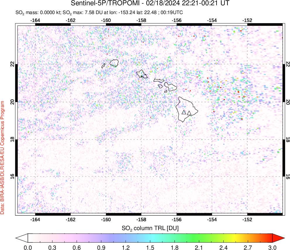 A sulfur dioxide image over Hawaii, USA on Feb 18, 2024.