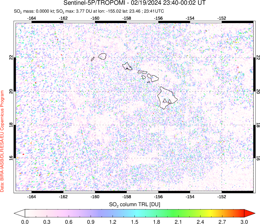 A sulfur dioxide image over Hawaii, USA on Feb 19, 2024.