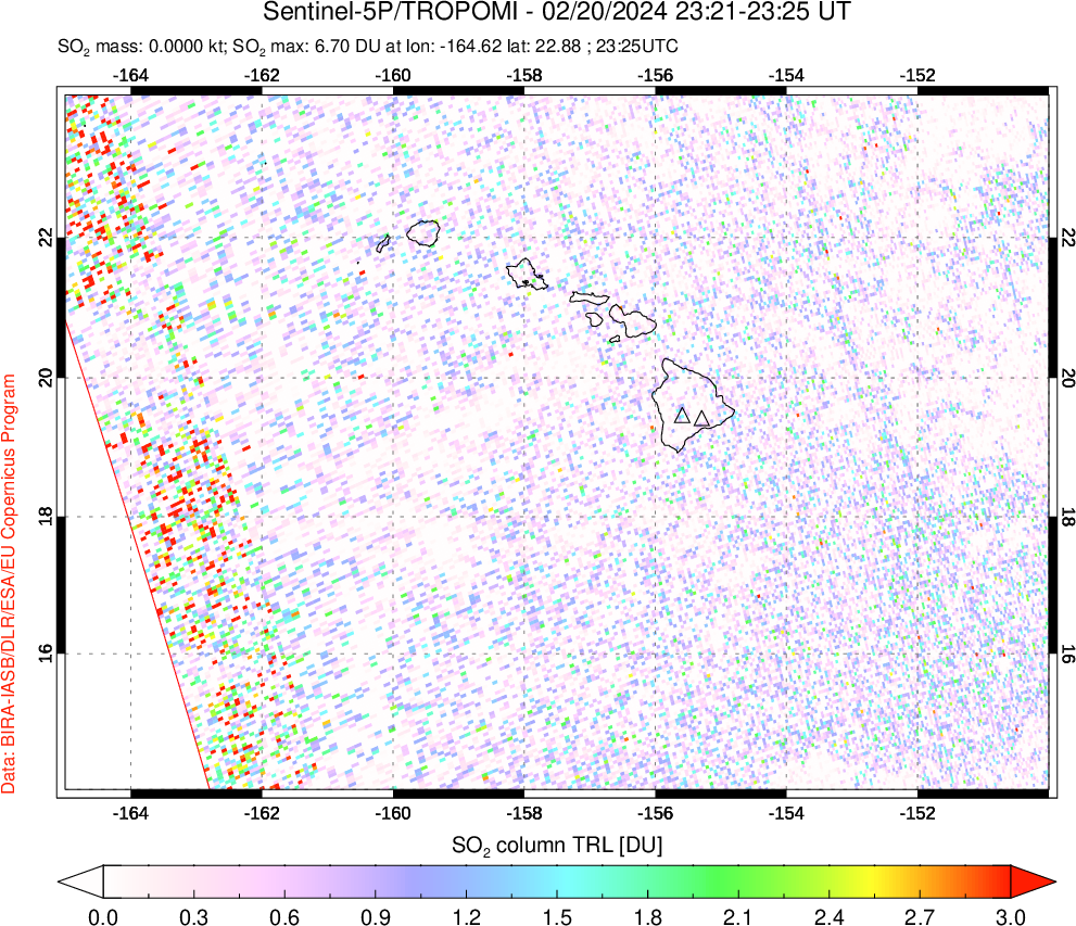 A sulfur dioxide image over Hawaii, USA on Feb 20, 2024.