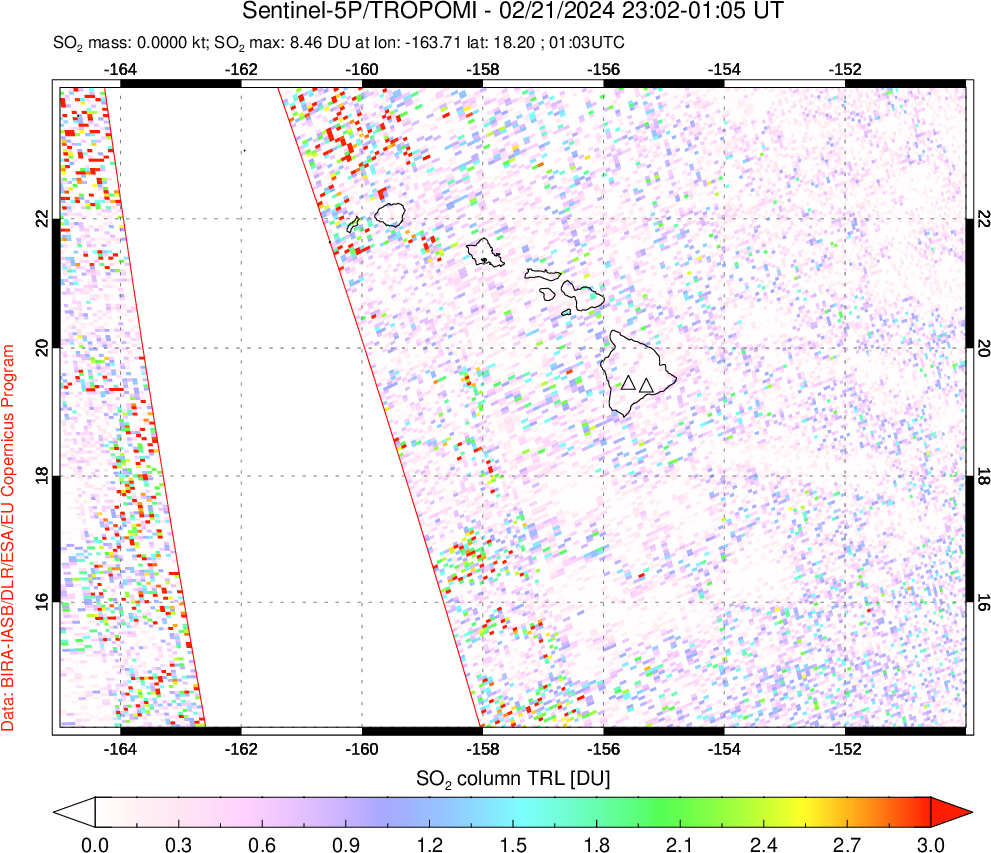 A sulfur dioxide image over Hawaii, USA on Feb 21, 2024.