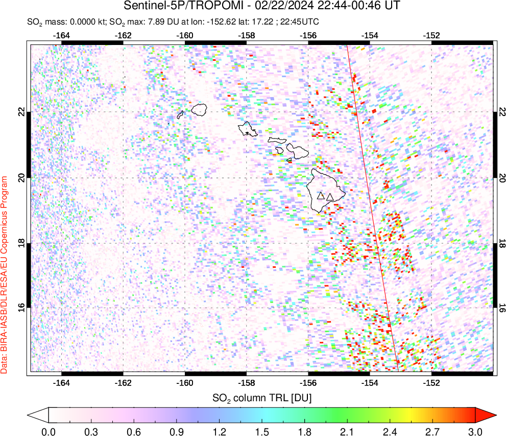 A sulfur dioxide image over Hawaii, USA on Feb 22, 2024.