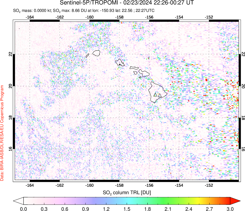 A sulfur dioxide image over Hawaii, USA on Feb 23, 2024.