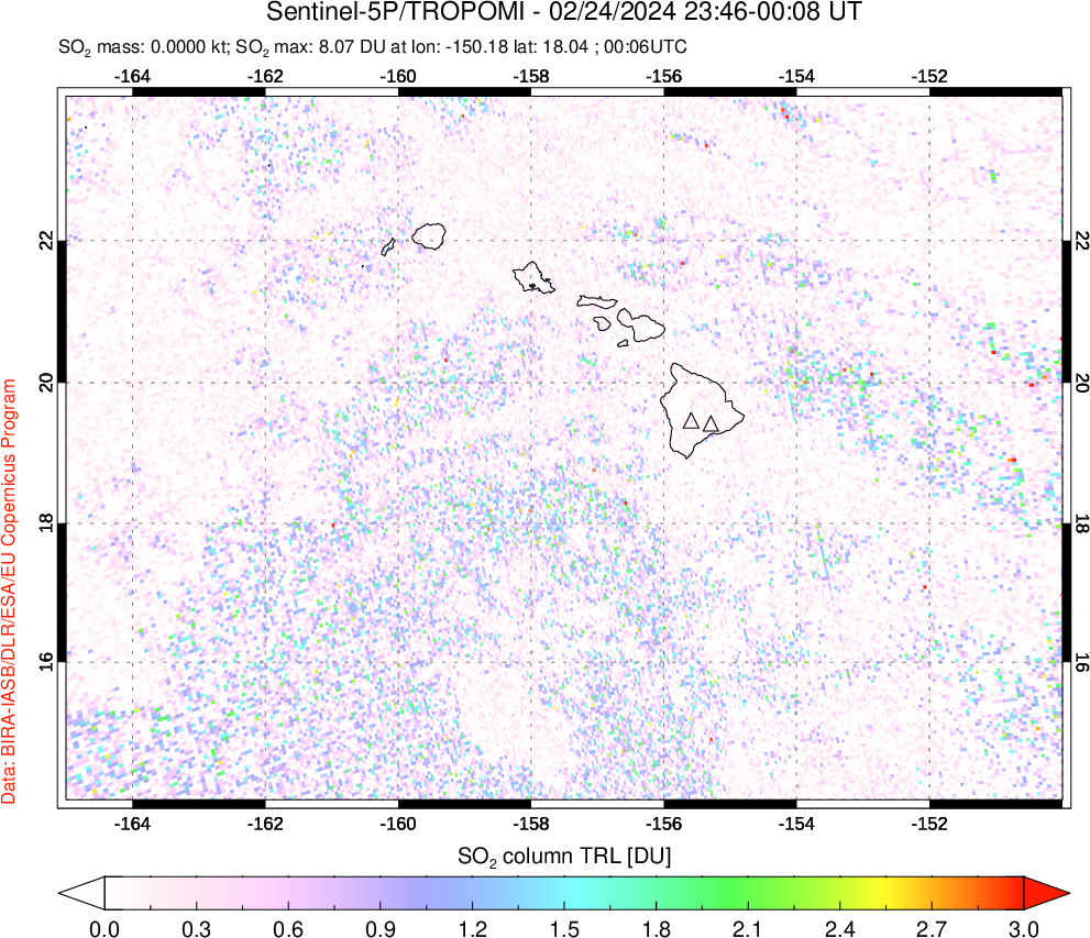 A sulfur dioxide image over Hawaii, USA on Feb 24, 2024.