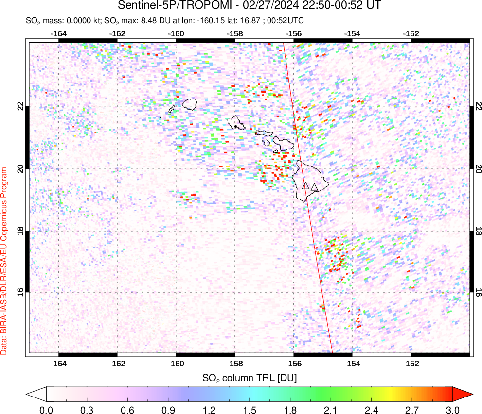 A sulfur dioxide image over Hawaii, USA on Feb 27, 2024.