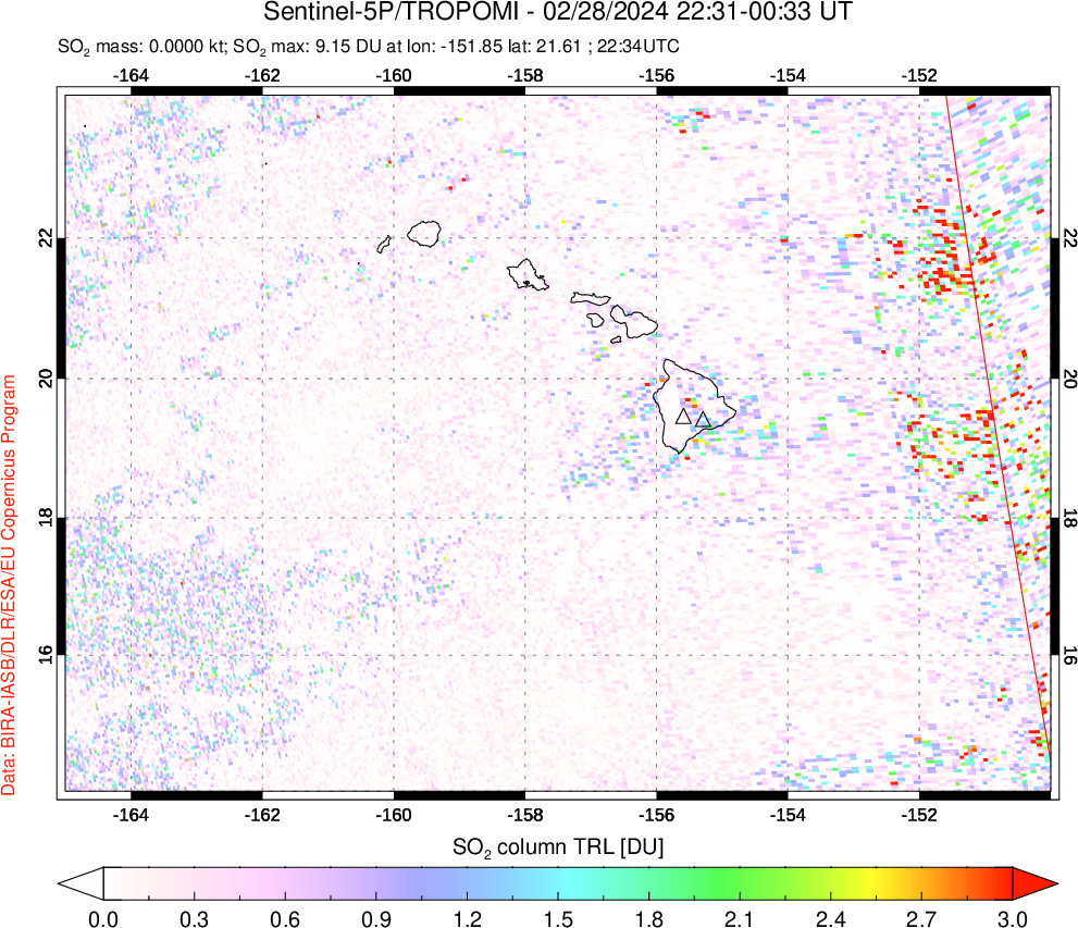 A sulfur dioxide image over Hawaii, USA on Feb 28, 2024.