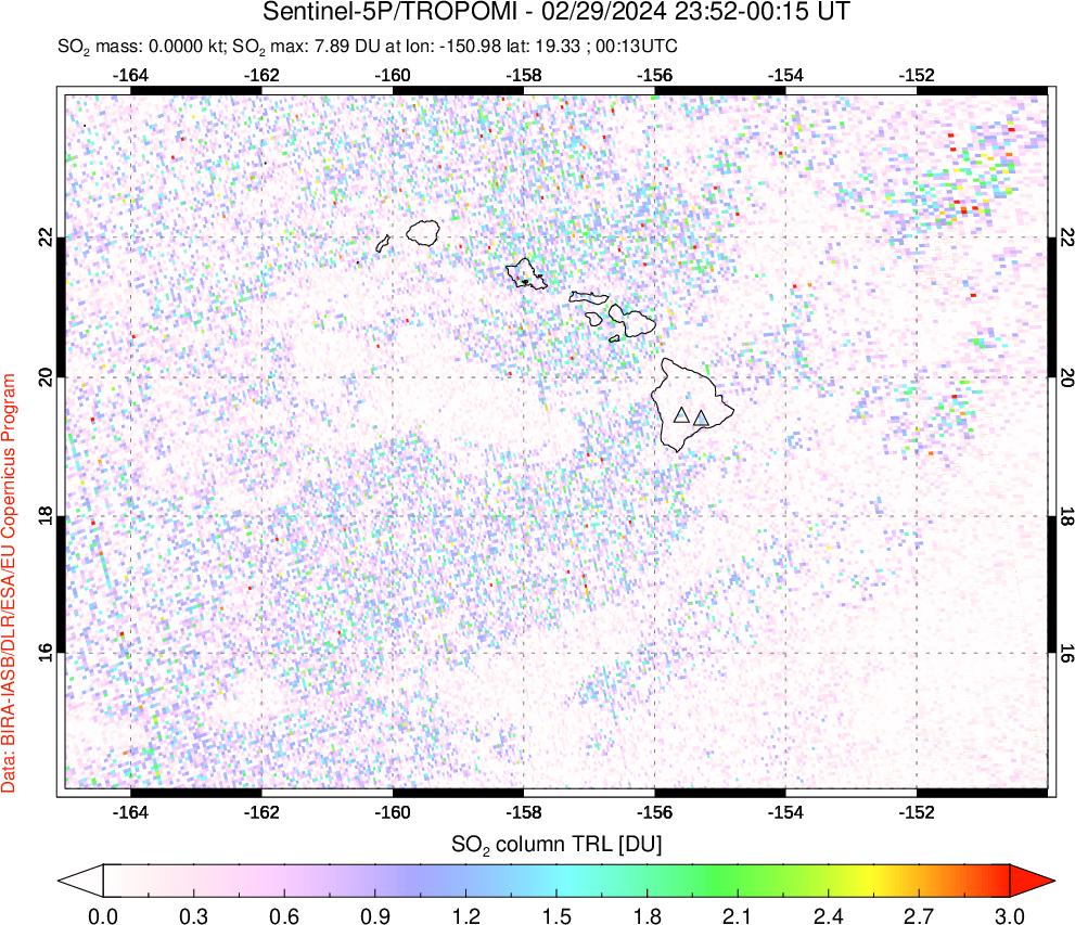 A sulfur dioxide image over Hawaii, USA on Feb 29, 2024.