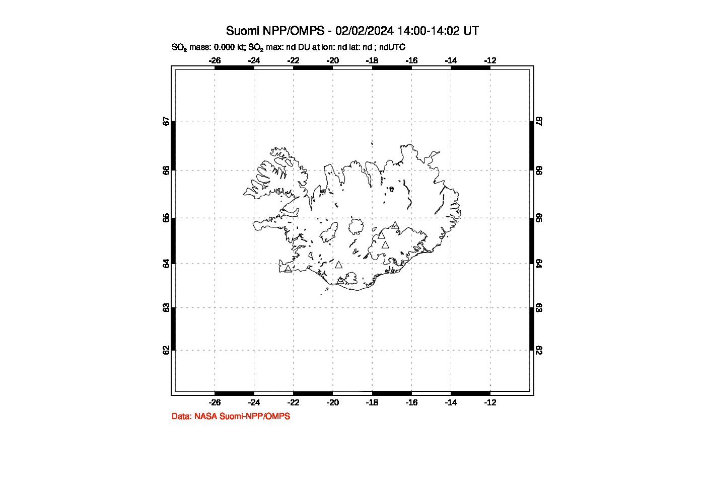 A sulfur dioxide image over Iceland on Feb 02, 2024.