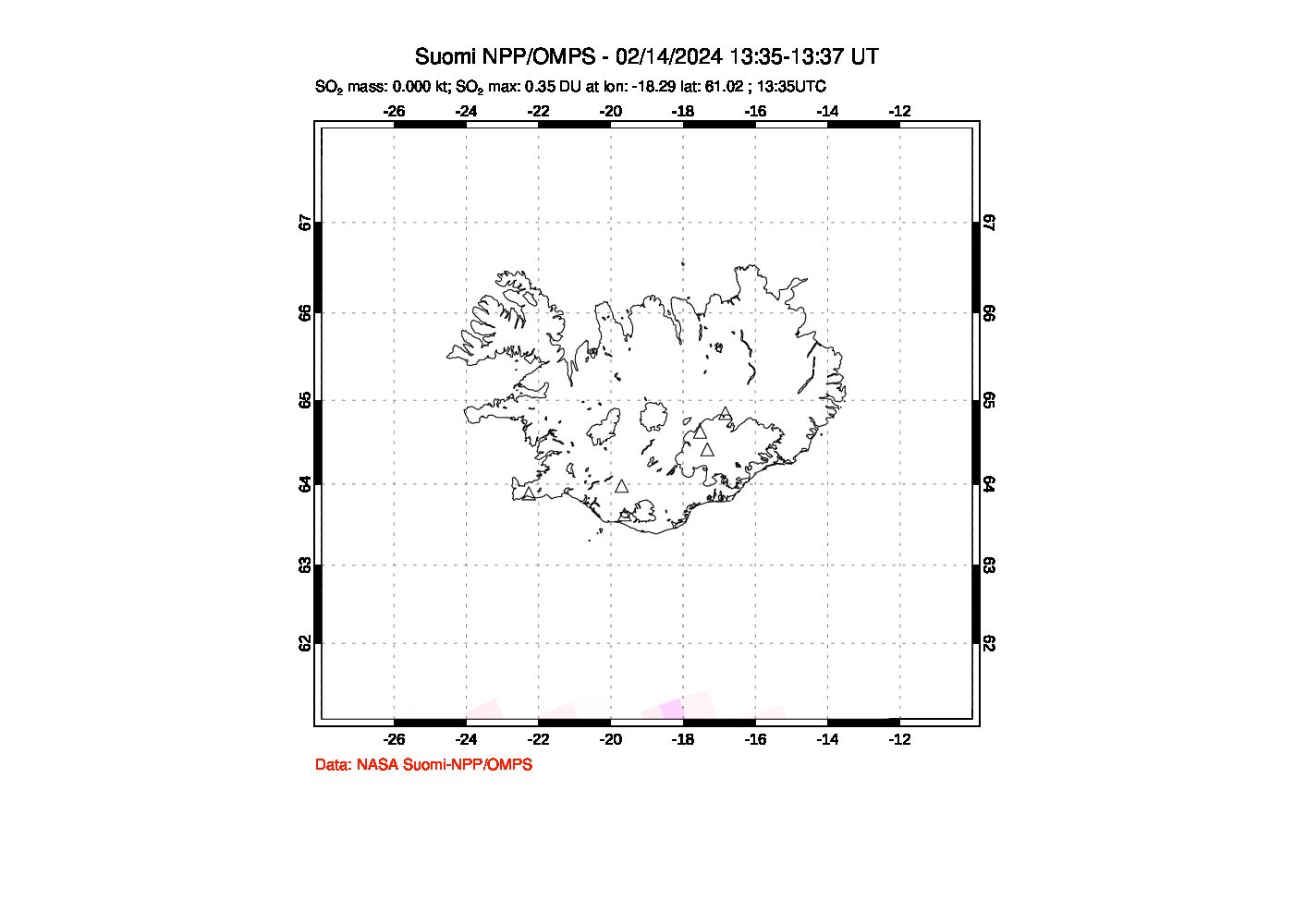 A sulfur dioxide image over Iceland on Feb 14, 2024.