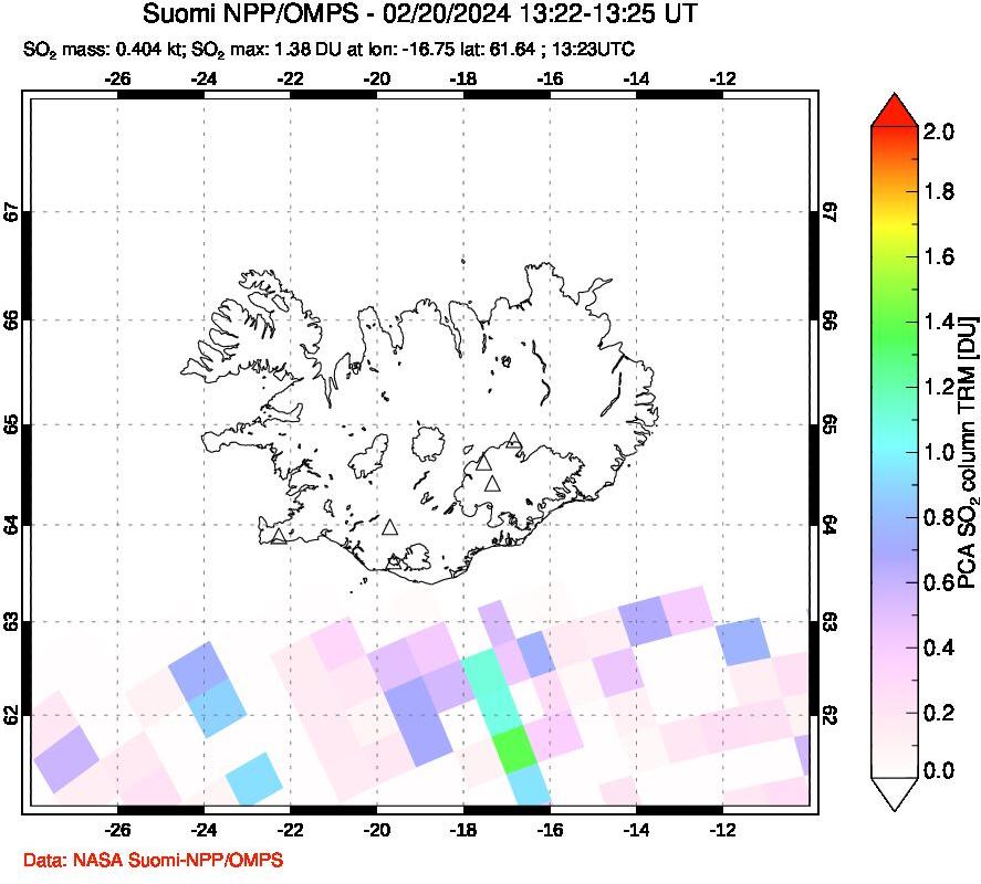 A sulfur dioxide image over Iceland on Feb 20, 2024.