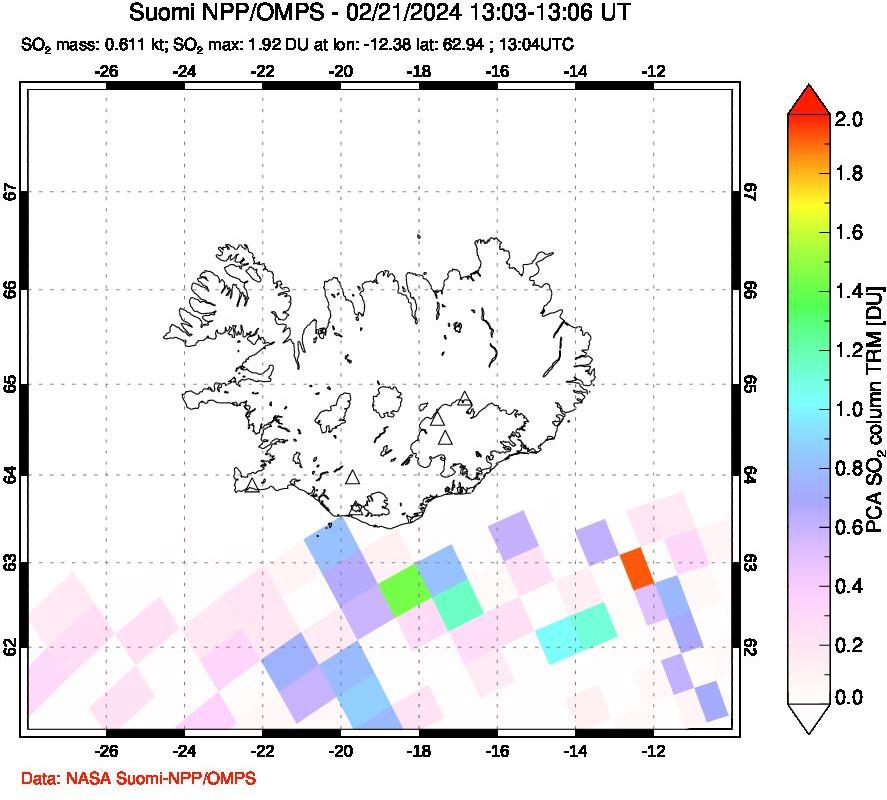 A sulfur dioxide image over Iceland on Feb 21, 2024.