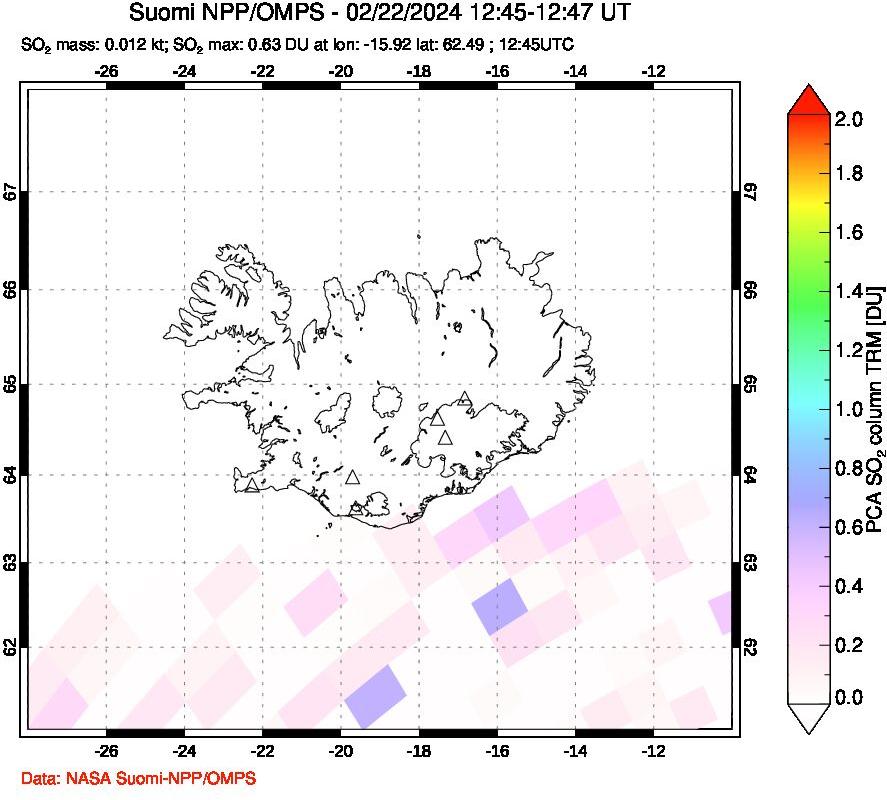 A sulfur dioxide image over Iceland on Feb 22, 2024.