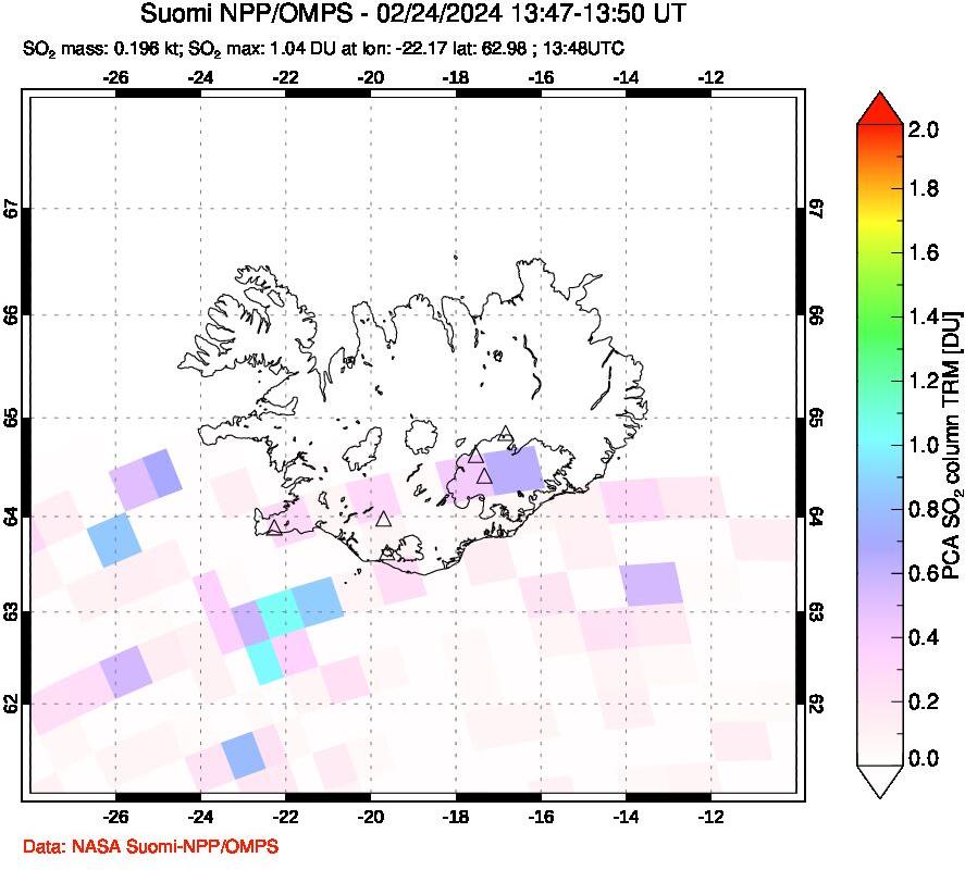 A sulfur dioxide image over Iceland on Feb 24, 2024.