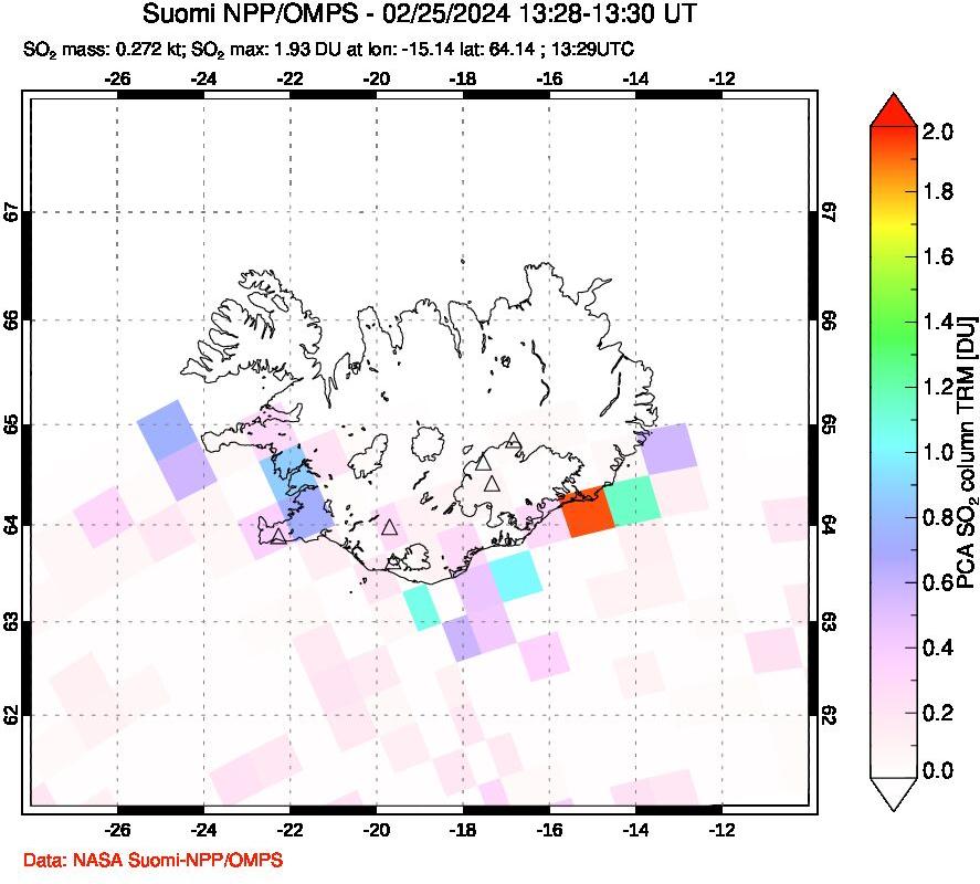 A sulfur dioxide image over Iceland on Feb 25, 2024.