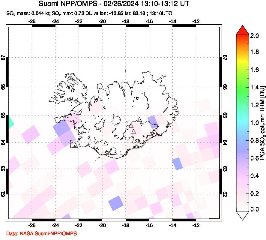 A sulfur dioxide image over Iceland on Feb 26, 2024.