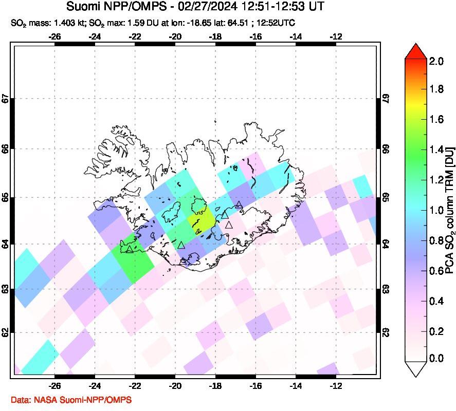 A sulfur dioxide image over Iceland on Feb 27, 2024.