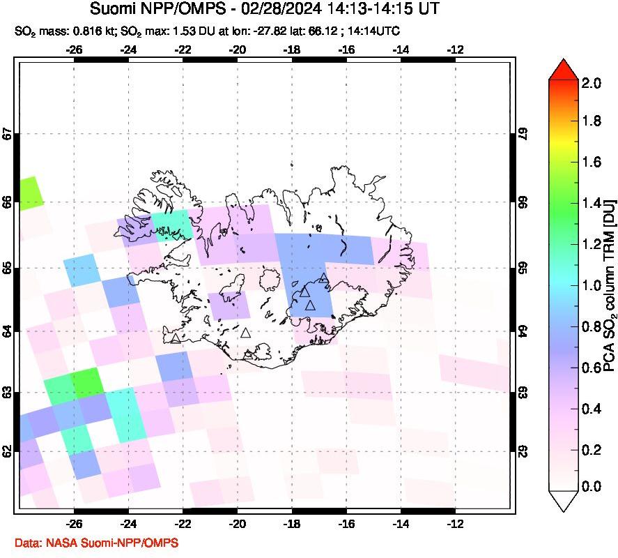 A sulfur dioxide image over Iceland on Feb 28, 2024.