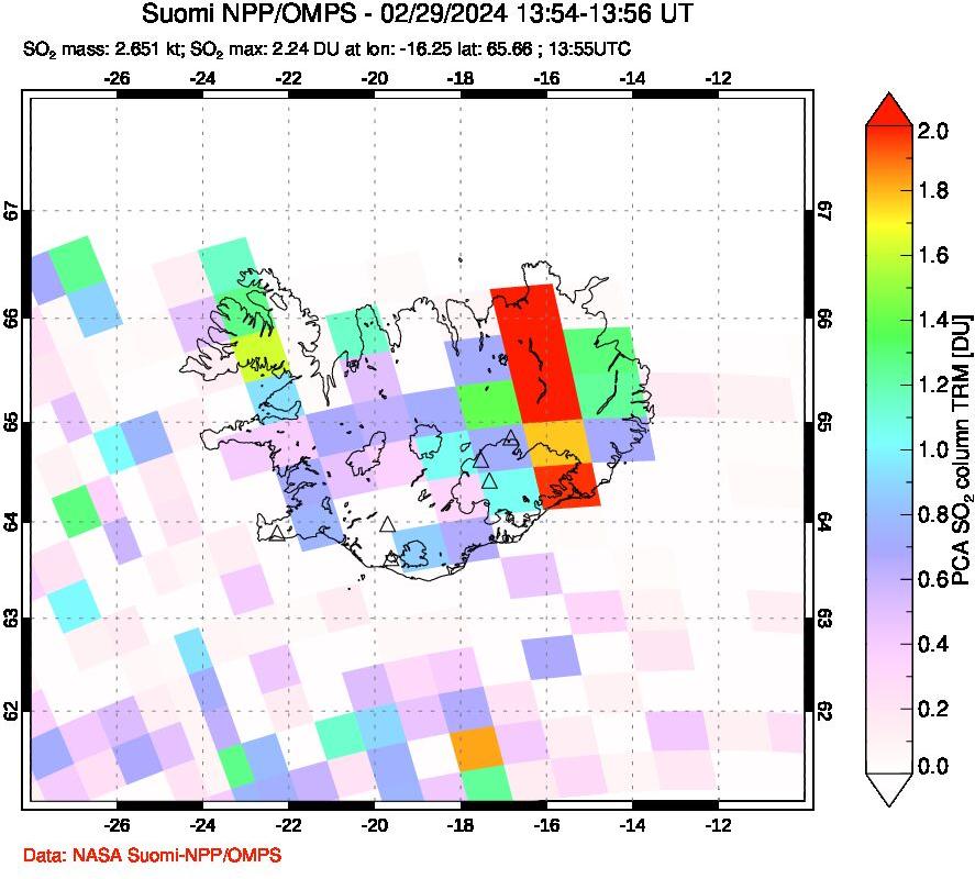 A sulfur dioxide image over Iceland on Feb 29, 2024.