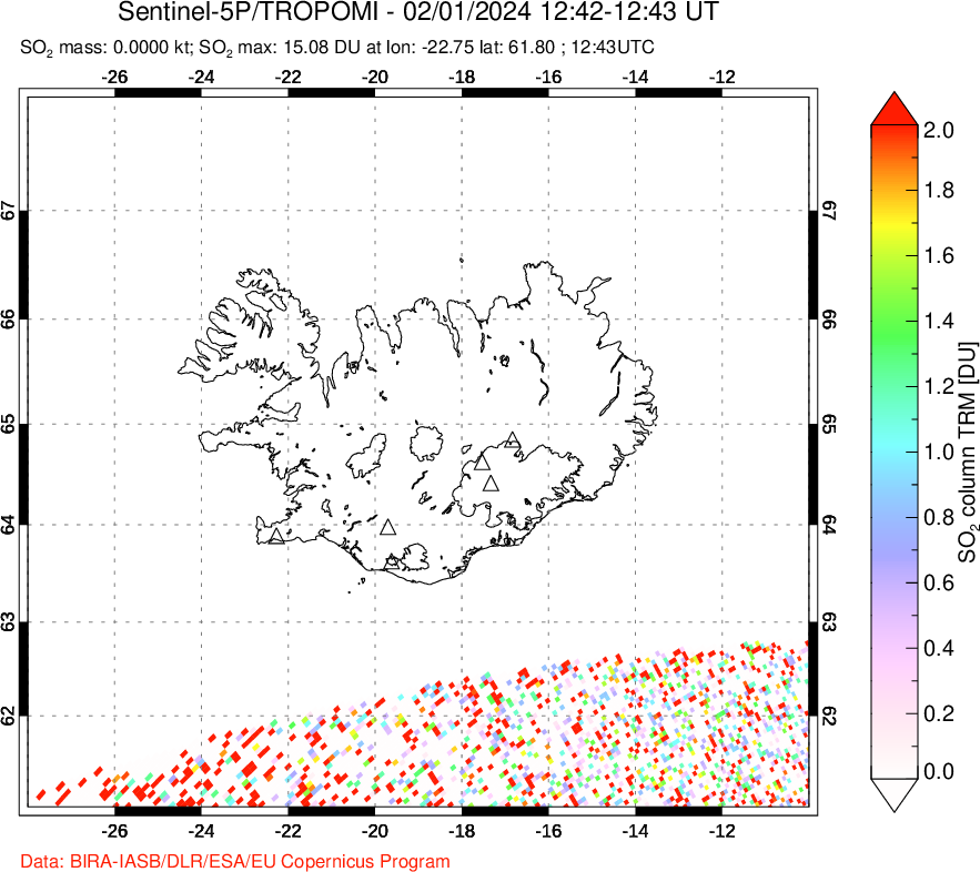 A sulfur dioxide image over Iceland on Feb 01, 2024.