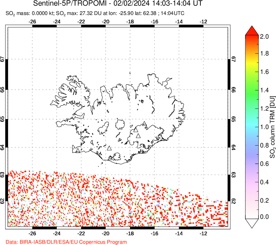 A sulfur dioxide image over Iceland on Feb 02, 2024.